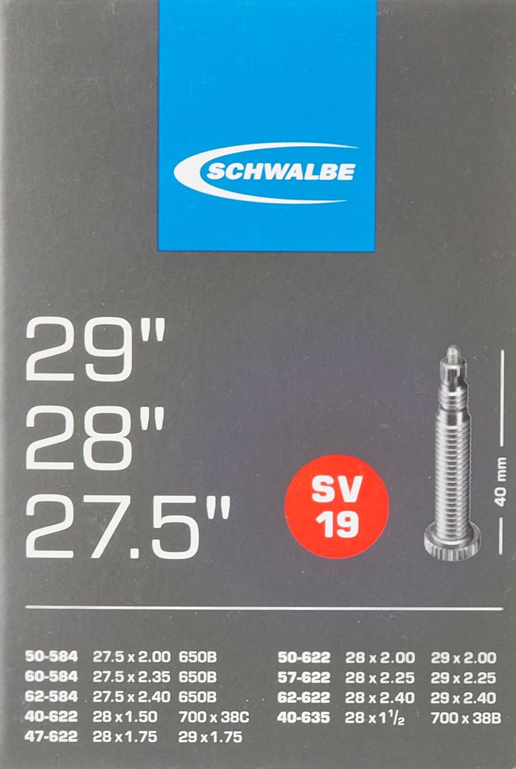 1x Schwalbe Unisex-Erwachsene Fahrradschlauch SV19 40/62-584/635 EK 40 mm Fahrradzubehör, schwarz, 27,5 29 Zoll 